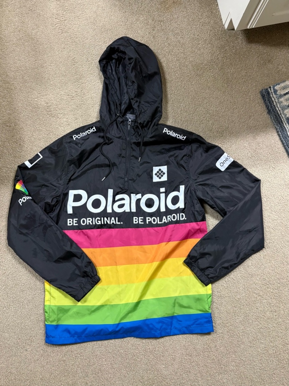 Polaroid Black Windbreaker with Rainbow Stripe